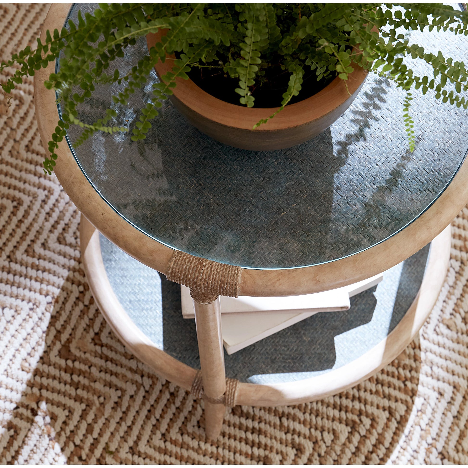 Retreat Raffia End Table by Hooker Furniture. Made from maple veneers, engineered raffia, rope, tempered glass in a cottage & farmhouse style.