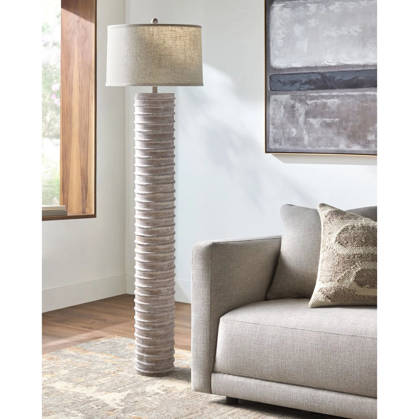 002 SI-2258927 | Lifestyle | Nexum Accent Floor Lamp by Surya in wheat, translucent, metallic nickel, white, dark brown. Made from resin, linen, plastic in a transitional style.