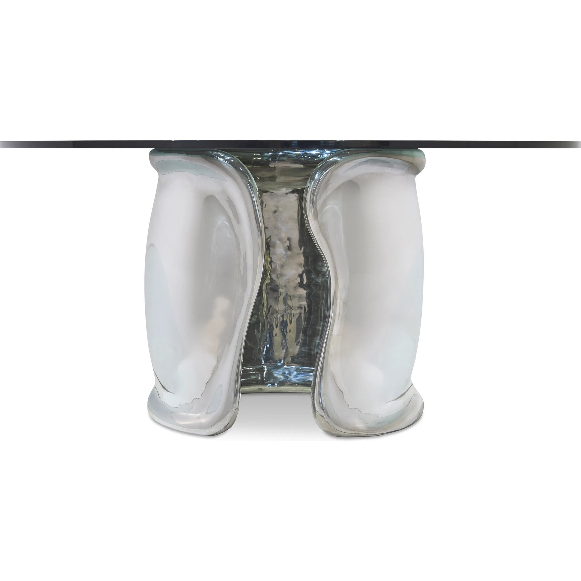 Agnes Dining Table by Bernhardt in polished stainless steel. Made from stainless steel, glass in a modern style.