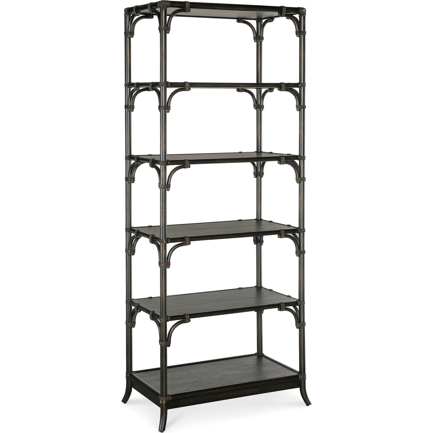 002 SI-2133699 | Primary Silo | Retreat Pole Rattan Bookcase by Hooker Furniture. Made from oak veneers, rope in a cottage & farmhouse style.