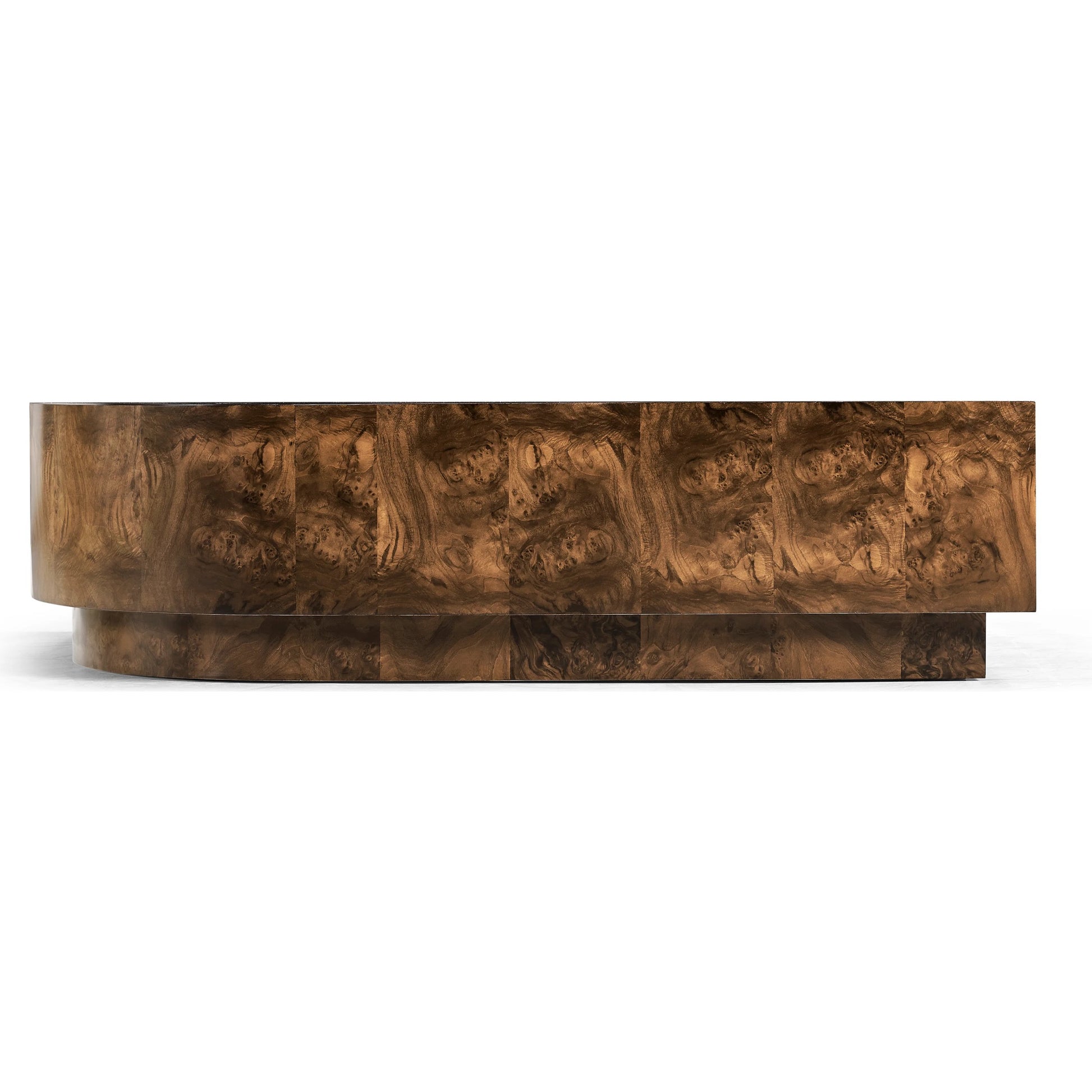 Jacques Radius Cocktail Table by Jonathan Charles in brown and walnut burl. Made from book match walnut burl veneer in a modern style.