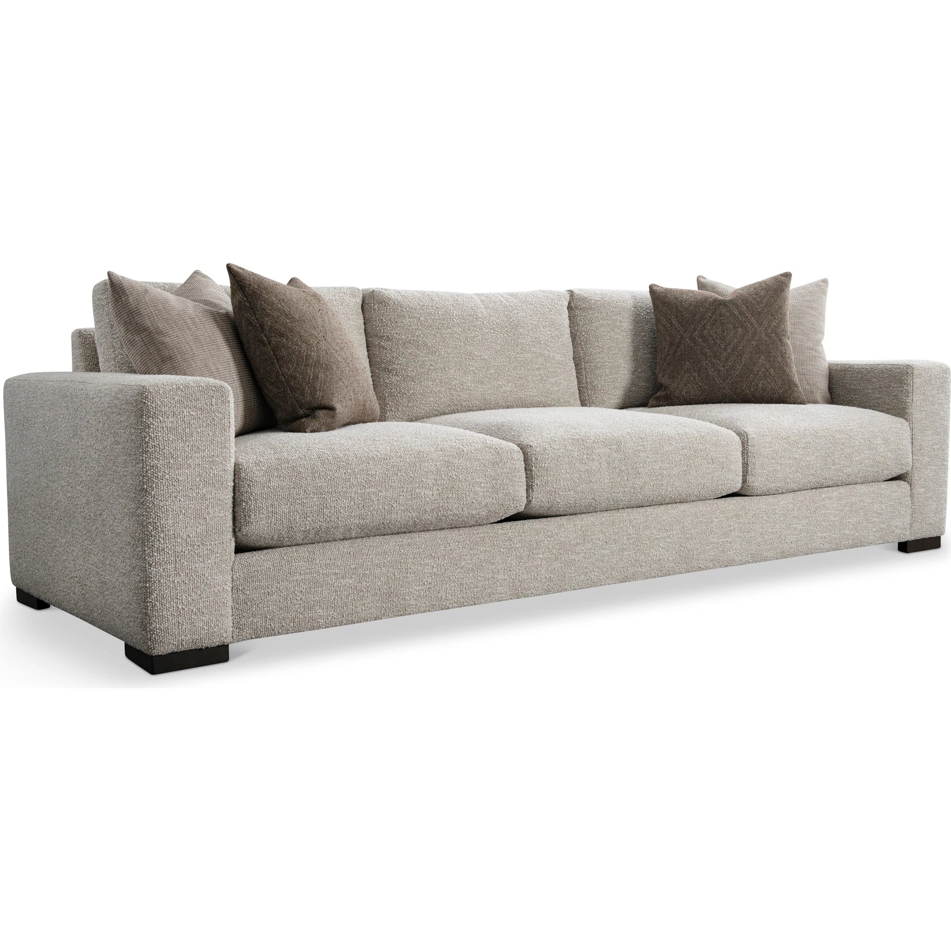 Drew Fabric Sofa by Bernhardt in beige. Made from polyfoam core, virgin polyester fibers, waterfowl feathers, waterfowl down in a transitional style.