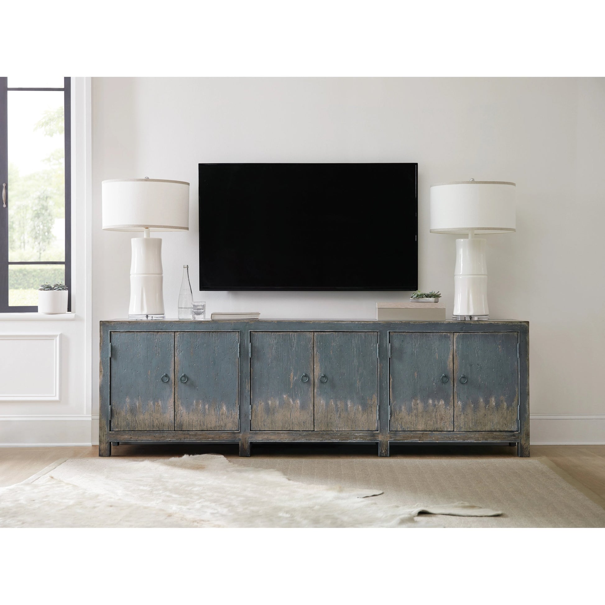 Salvator Media Console by Hooker Furniture in antique blue. Made from maple veneers in a eclectic & global style.