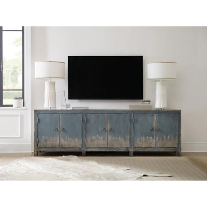 Salvator Media Console by Hooker Furniture in antique blue. Made from maple veneers in a eclectic & global style.