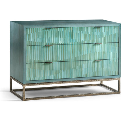 Seaglass Bunching Chest by Jonathan Charles in blue and blue straw. Made from koto veneer, stainless steel, straw in a eclectic & global style.
