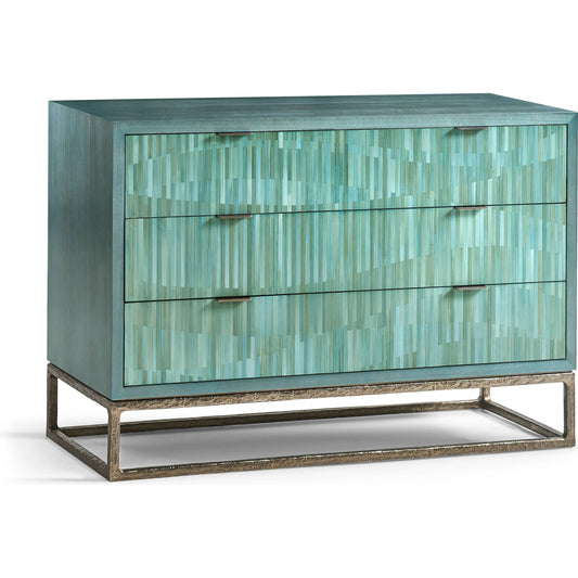 Seaglass Bunching Chest by Jonathan Charles in blue and blue straw. Made from koto veneer, stainless steel, straw in a unique style.