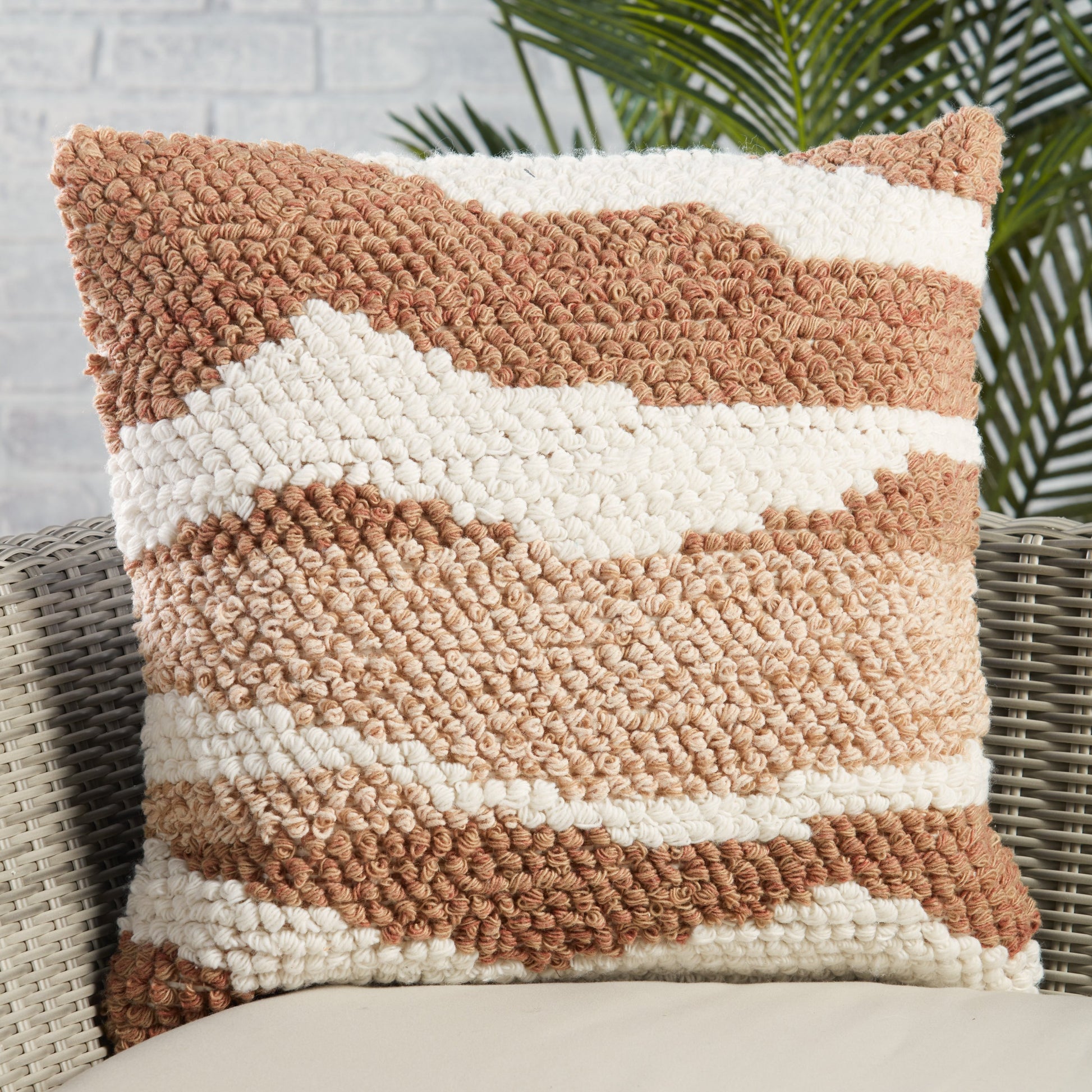 Nazka NZK02 Indoor/Outdoor Pillow by Jaipur Living in tan, white. Made from 100% polyester in a modern style.