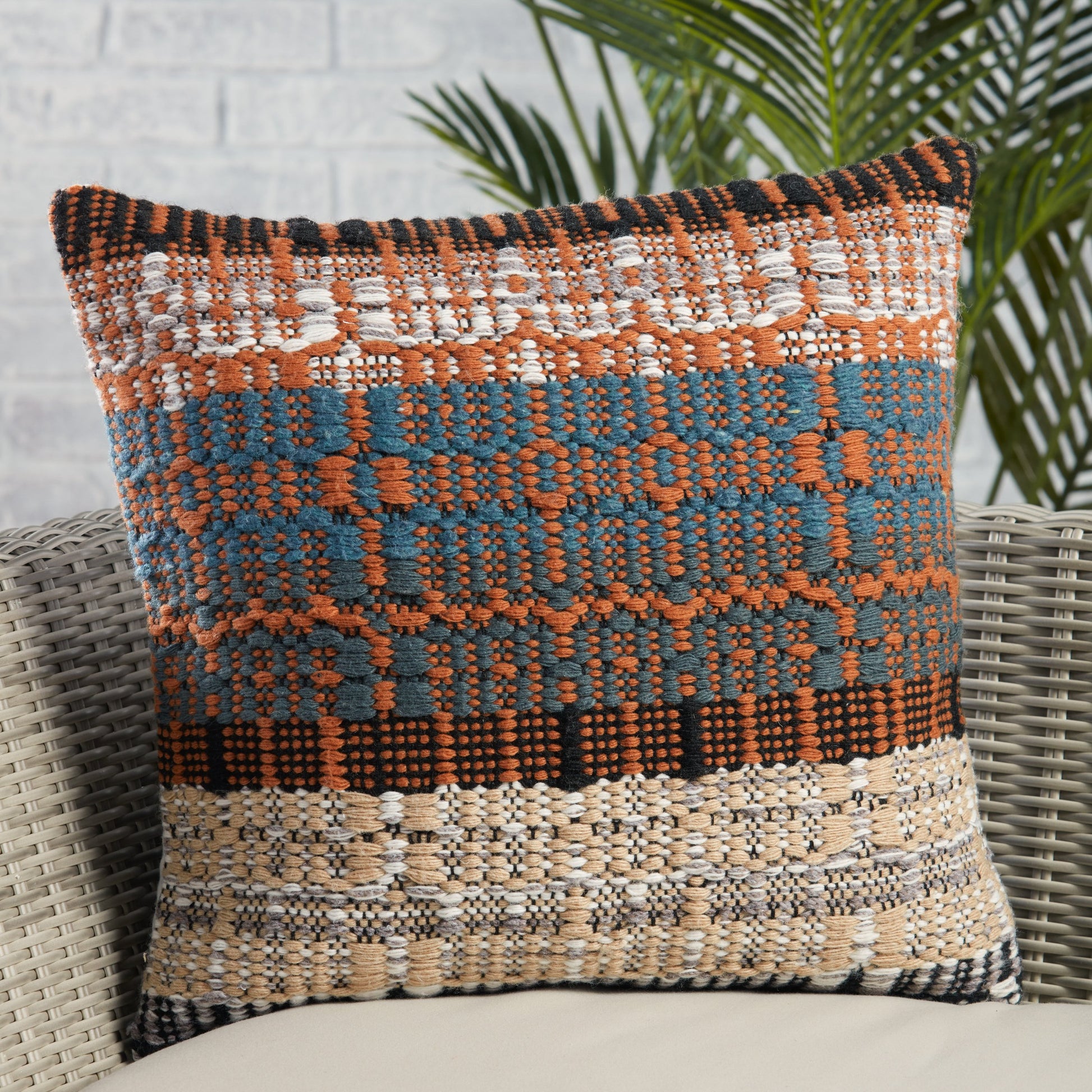 Nazka NZK03 Indoor/Outdoor Pillow by Jaipur Living in orange, blue. Made from 100% polyester in a transitional style.