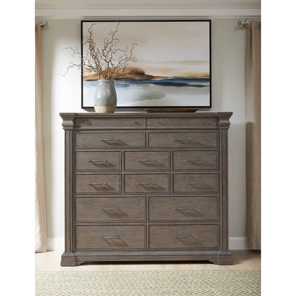 Madison Ridge 14 Drawer Master Chest by Pulaski Furniture in natural bark. Made from flat-cut white oak wood veneers in a unique style.