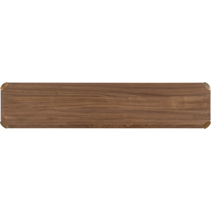 Eleana Entertainment Console by Hooker Furniture in light caramel, sunlit bronze metal, glass. Made from walnut veneers, glass in a modern style.