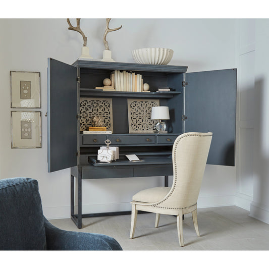 Alcove Secretary by A.R.T. Furniture in slate, burnished brass. Made from acacia solids, maple veneers, iron in a transitional style.