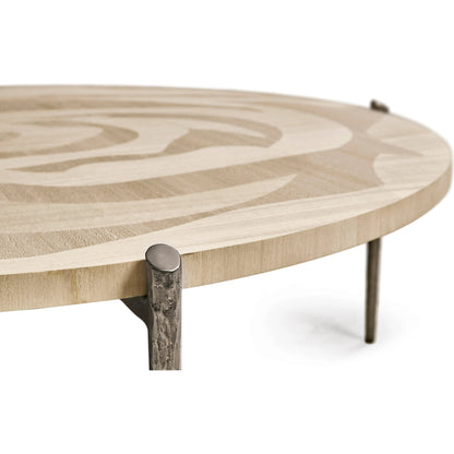 Tidepool Round Cocktail Table by Jonathan Charles in beige and natural dyed koto. Made from koto veneer, stainless steel in a transitional style.