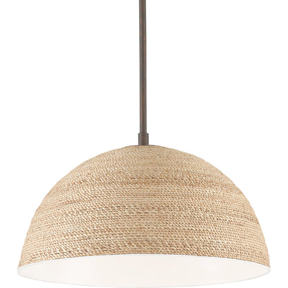 Tobago Pendant by Currey and Company in bronze gold, natural abaca rope. Made from wrought iron, abaca rope in a coastal style.