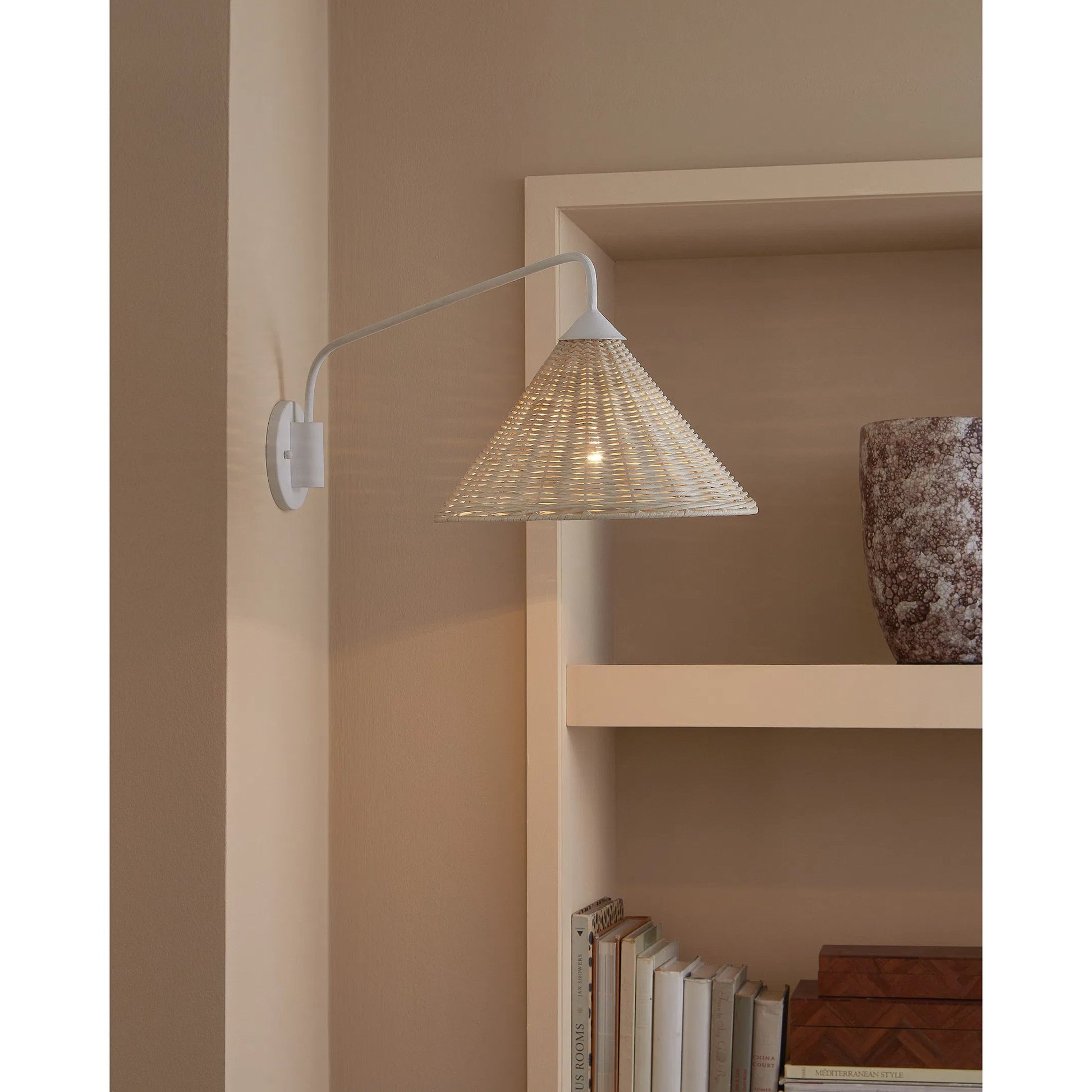 Basket Swing-Arm Wall Sconce by Currey and Company in gesso white, bleached white. Made from wrought iron, arurog in a cottage & farmhouse style.