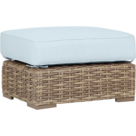 Havana Outdoor Ottoman in Canvas Flax by Sunset West in medium wood. Made from resin wicker in a modern style.