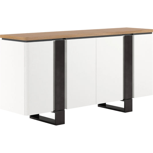 Portico Credenza by A.R.T. Furniture in sienna, white plaster, matte black. Made from parawood solids, mindi veneers, resin in a modern style.