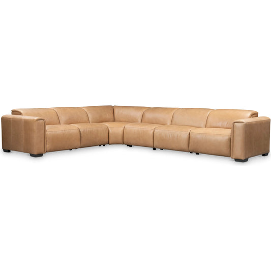 Billings Leather Power Motion Sectional by Bernhardt in tan. Made from leather in a traditional style.