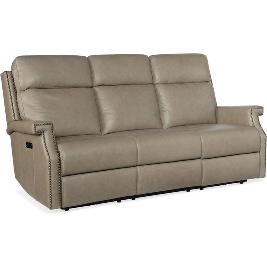 Vaughn Zero Gravity Sofa by Hooker Furniture in shattered stone. Made from leather in a traditional style.