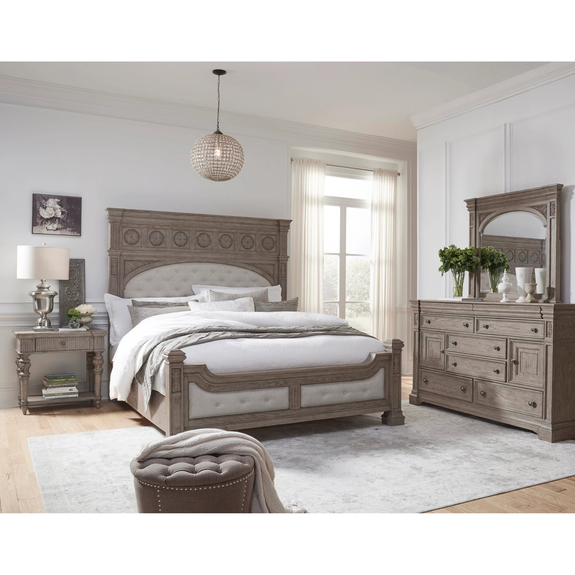 Kingsbury Dresser and Mirror by Pulaski Furniture in french grey. Made from oak veneers, hardwood solids in a traditional style.