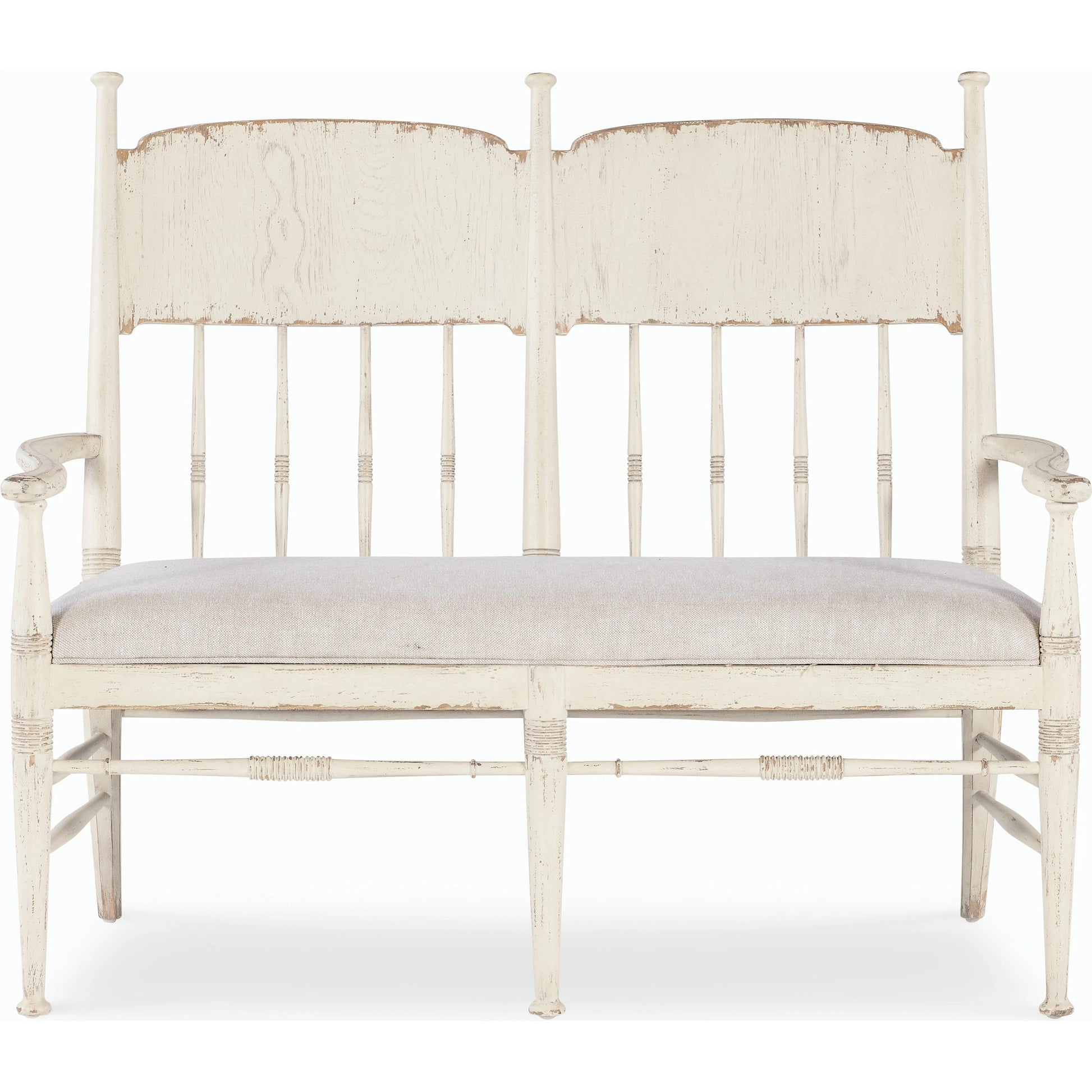 Americana Dining Bench by Hooker Furniture in beige. Made from oak veneers and fabric in a cottage & farmhouse style.