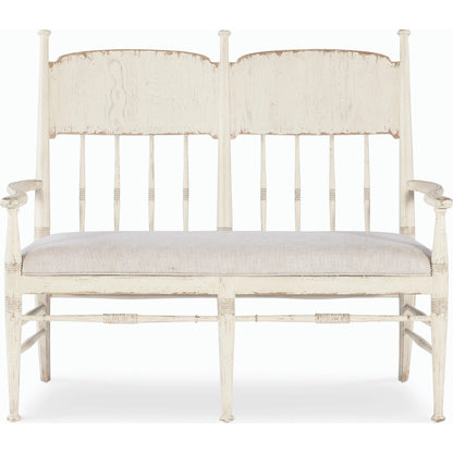 Americana Dining Bench by Hooker Furniture in beige. Made from oak veneers and fabric in a cottage & farmhouse style.