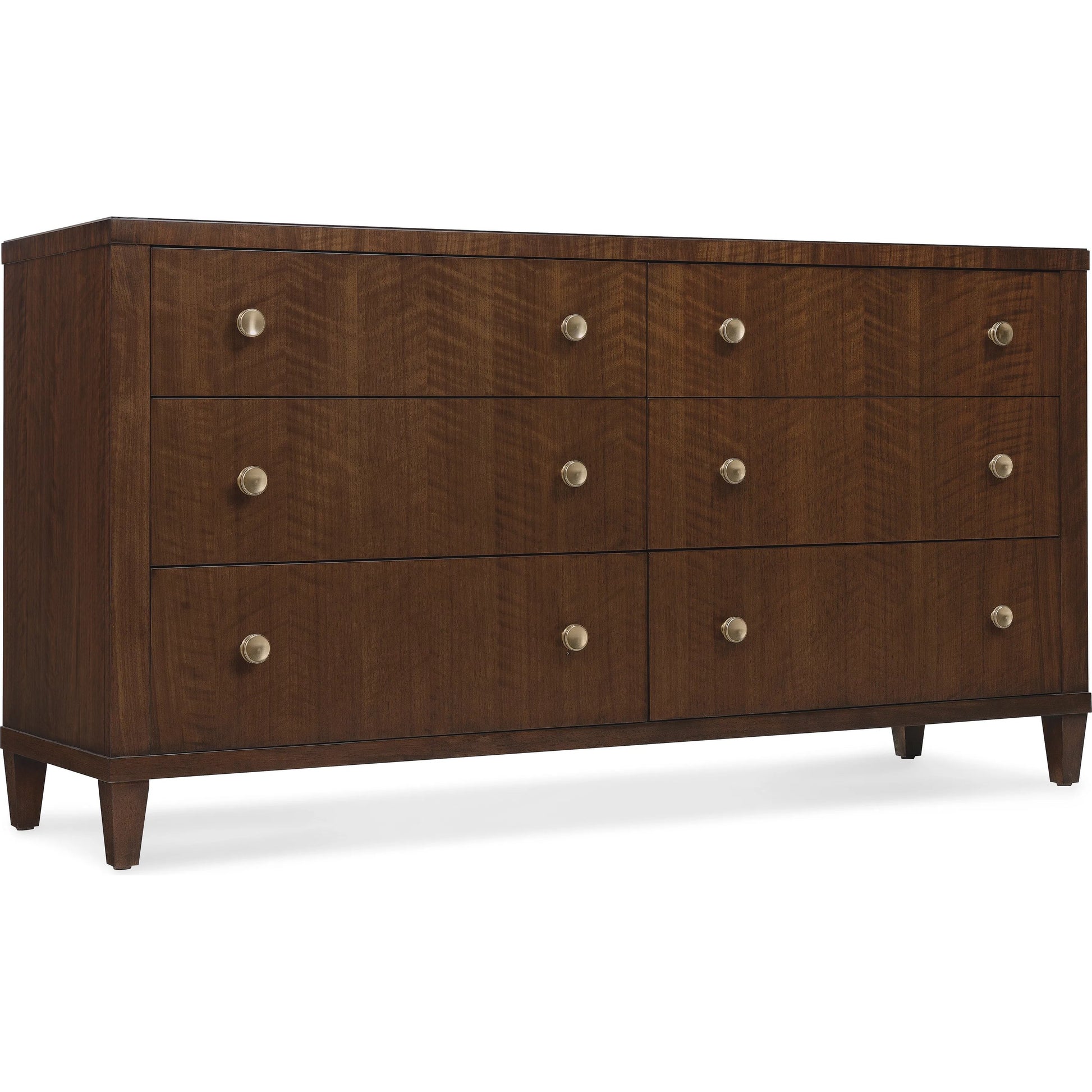 Archives Six-Drawer Dresser by Hooker Furniture in dark wood and classic walnut. Made from figured quartered walnut veneer with oak veneer, cedar, jewelry tray in a transitional style.