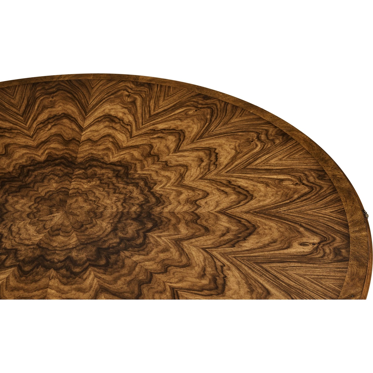 005 SI-2334510 | Closeup | Viceroy Round Dining Table by Jonathan Charles in brown and santos brown, antique brass. Made from mahogany, cerejeira veneers, santos rosewood crown veneers, brass in a traditional style.