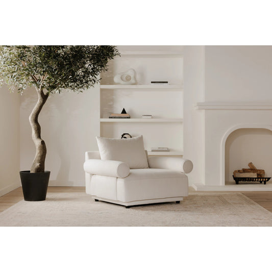 Rosello Arm Chair by Moe's Home Collection in white. Made from upholstery: 30% recycled polyester, 70% polyester, plywood frame, foam, fiber seat in a unique style.