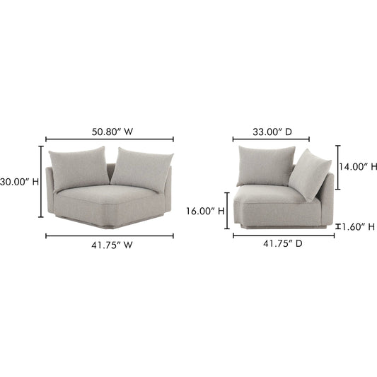 Rosello Corner Chair by Moe's Home Collection in light grey. Made from upholstery: 30% recycled polyester, 70% polyester, plywood frame, foam, fiber seat in a unique style.