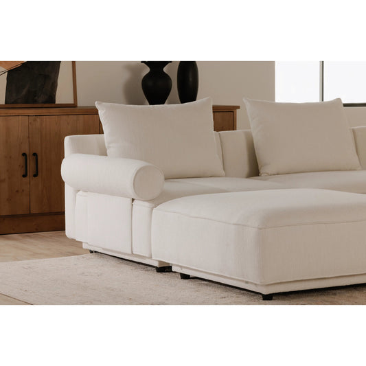 Rosello Ottoman by Moe's Home Collection in white. Made from upholstery: 30% recycled polyester, 70% polyester, plywood frame, foam, fiber seat in a unique style.