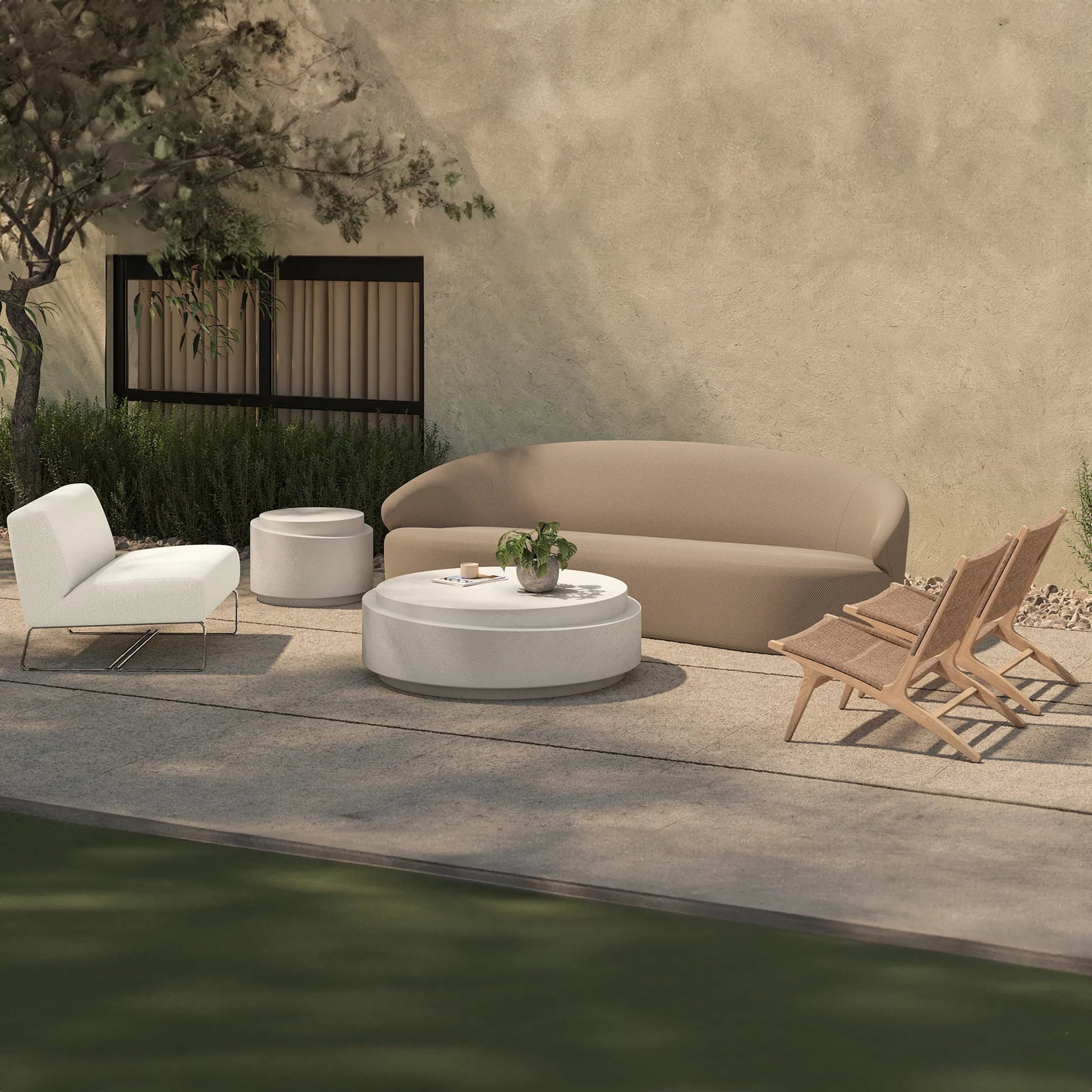 Jules Outdoor Accent Chair by Moe's Home Collection in off white. Made from upholstery: 100% polyester, antiseptic plywood frame, foam, fiber fill, aluminum leg in a transitional style.