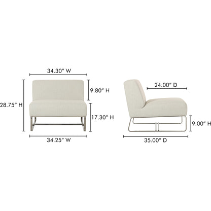 Jules Outdoor Accent Chair by Moe's Home Collection in off white. Made from upholstery: 100% polyester, antiseptic plywood frame, foam, fiber fill, aluminum leg in a transitional style.