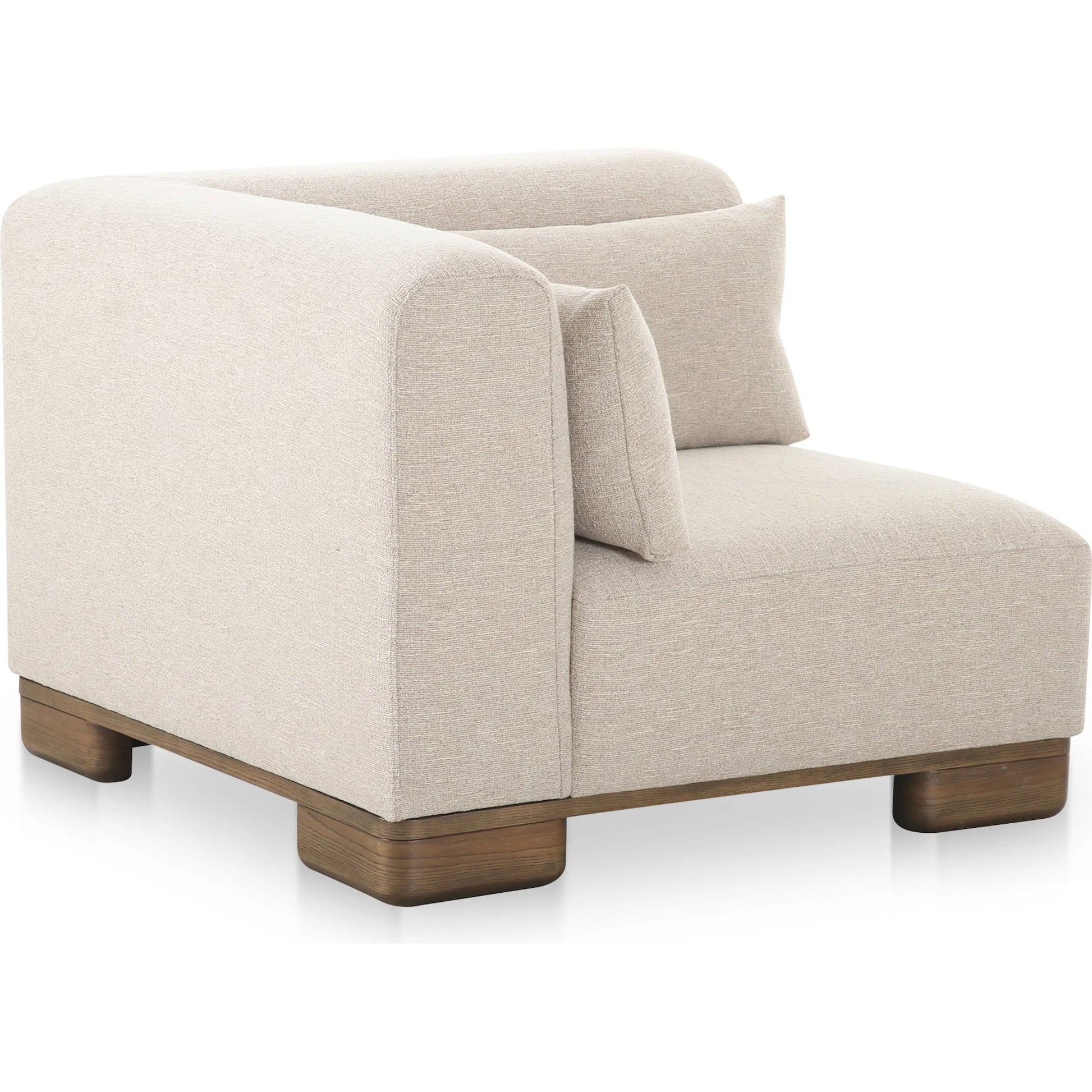 June Corner Chair by Moe's Home Collection in oatmeal. Made from upholstery: 72% polyester, 28% acrylic, oak veneer base, foam, feather, fiber fill, solid wood, plywood frame in a transitional style.