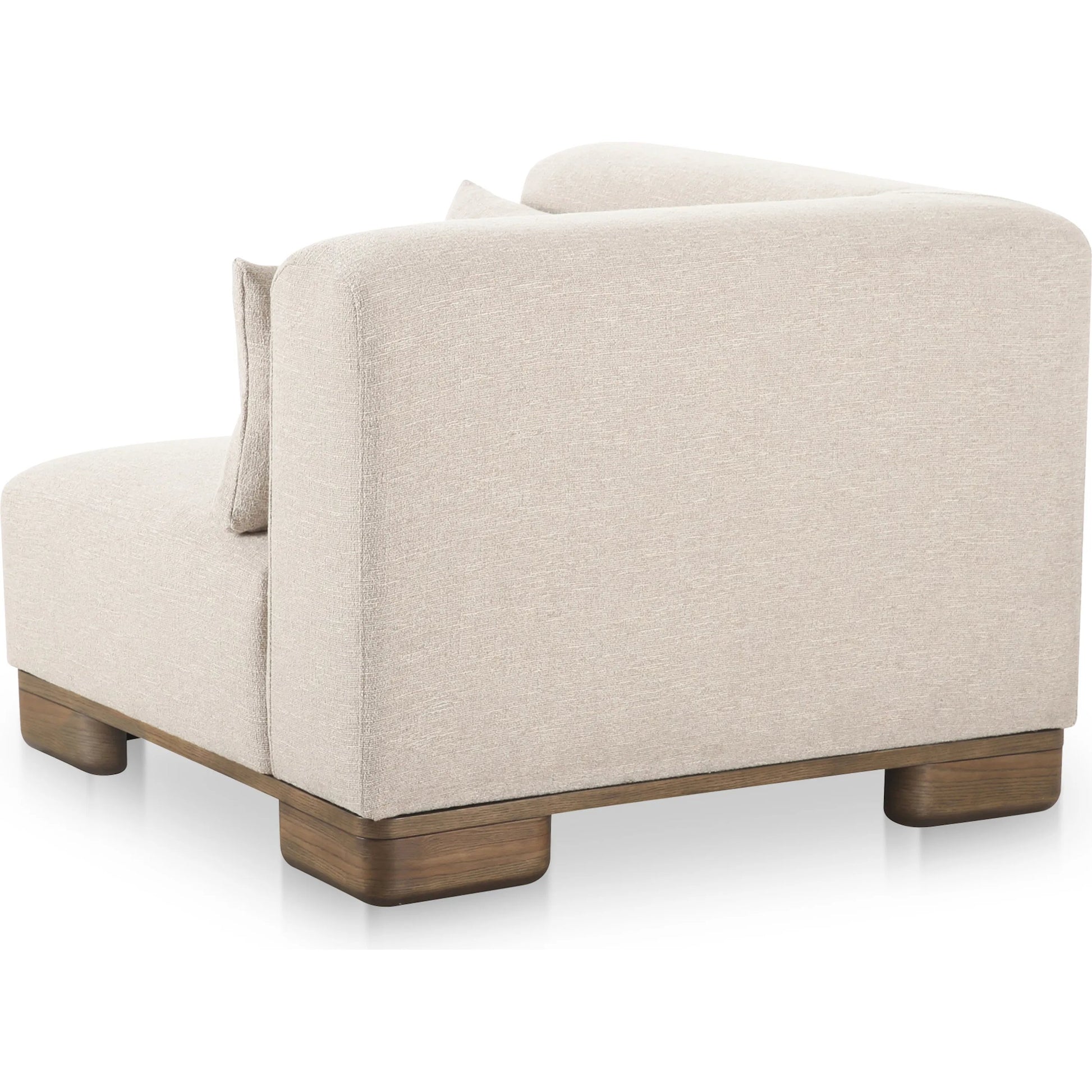 June Corner Chair by Moe's Home Collection in oatmeal. Made from upholstery: 72% polyester, 28% acrylic, oak veneer base, foam, feather, fiber fill, solid wood, plywood frame in a transitional style.