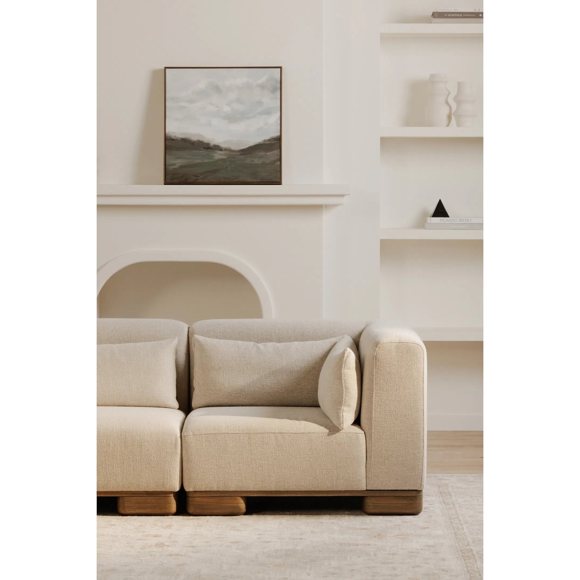 June Corner Chair by Moe's Home Collection in oatmeal. Made from upholstery: 72% polyester, 28% acrylic, oak veneer base, foam, feather, fiber fill, solid wood, plywood frame in a transitional style.