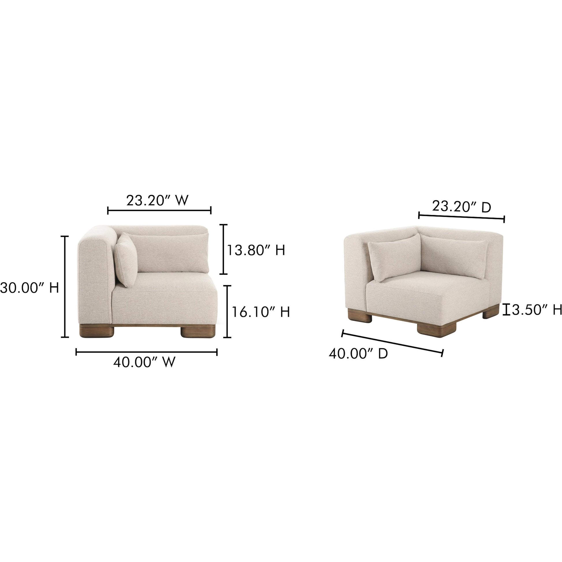 June Corner Chair by Moe's Home Collection in oatmeal. Made from upholstery: 72% polyester, 28% acrylic, oak veneer base, foam, feather, fiber fill, solid wood, plywood frame in a transitional style.