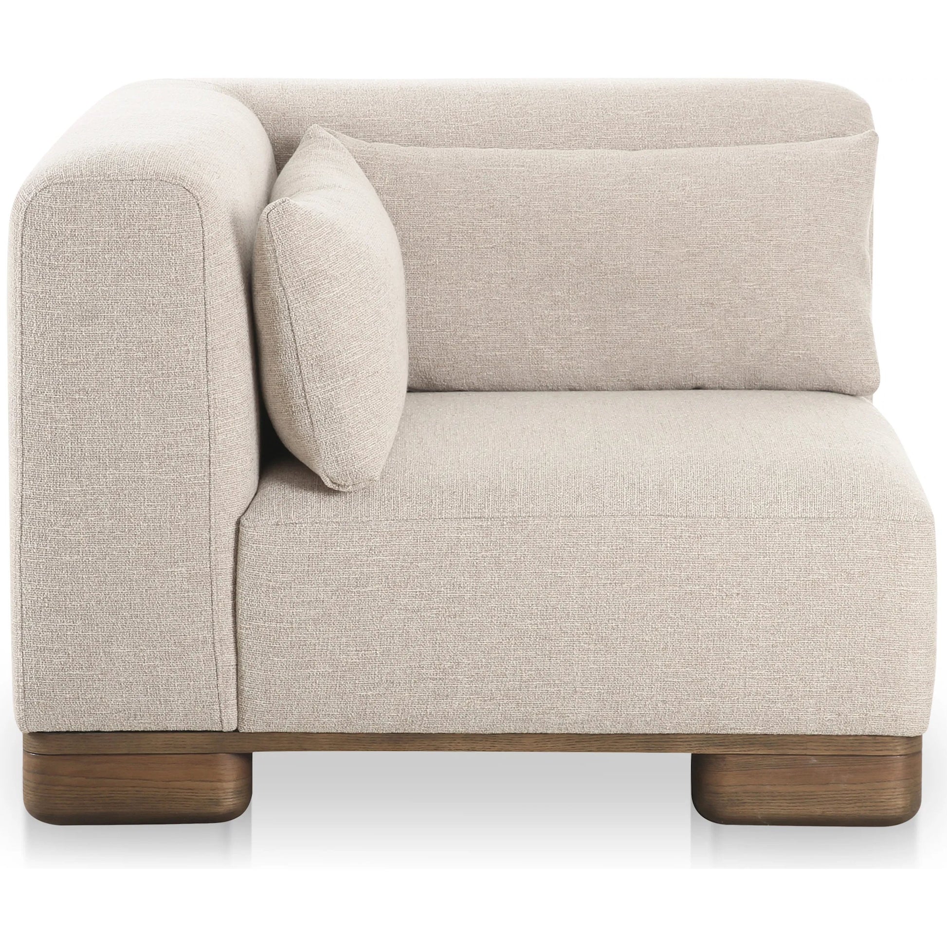 June Corner Chair by Moe's Home Collection in oatmeal. Made from upholstery: 72% polyester, 28% acrylic, oak veneer base, foam, feather, fiber fill, solid wood, plywood frame in a transitional style.