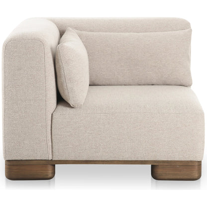June Corner Chair by Moe's Home Collection in oatmeal. Made from upholstery: 72% polyester, 28% acrylic, oak veneer base, foam, feather, fiber fill, solid wood, plywood frame in a transitional style.