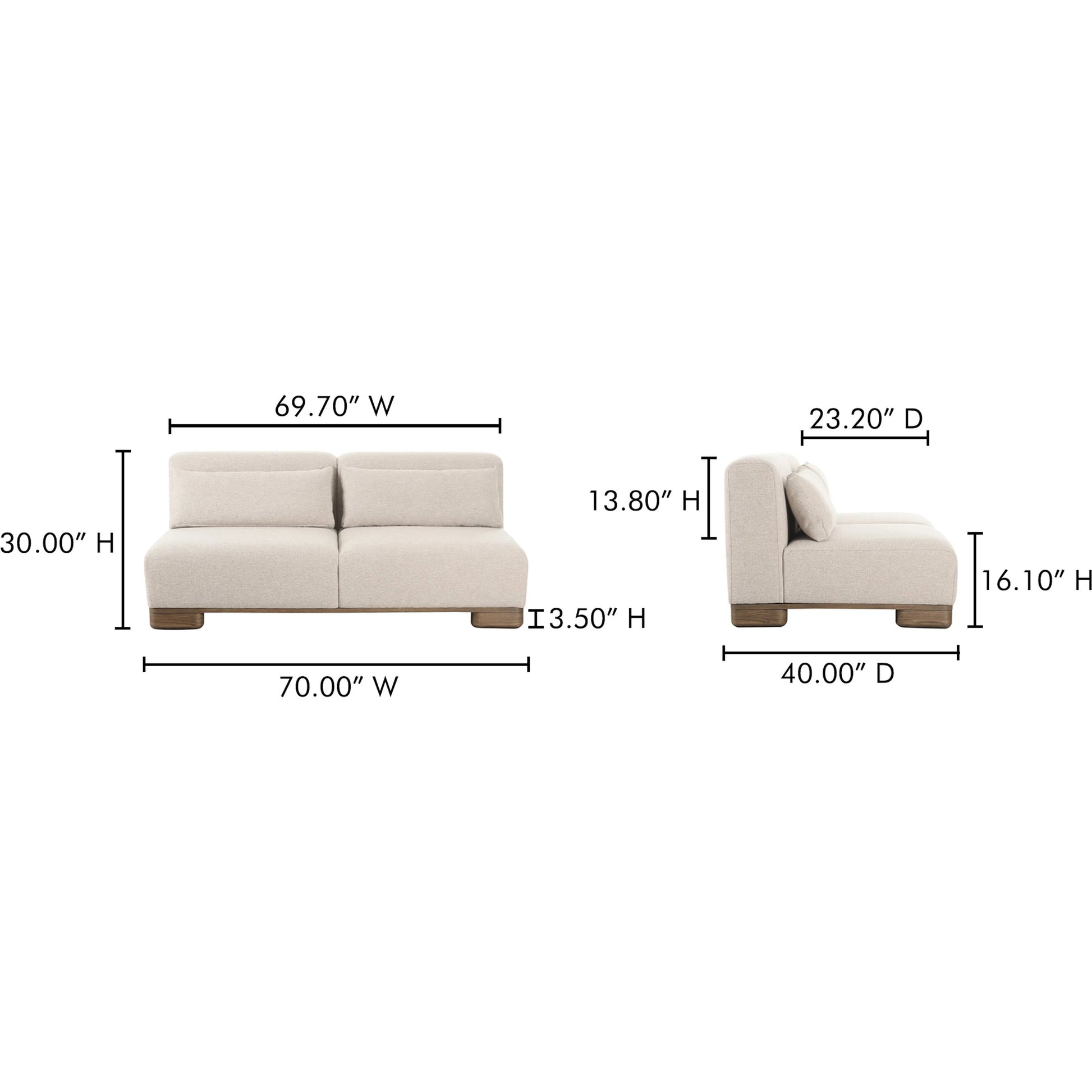 June Sofa by Moe's Home Collection in oatmeal. Made from upholstery: 72% polyester, 28% acrylic, oak veneer base, foam, feather, fiber fill, solid wood, plywood frame in a transitional style.