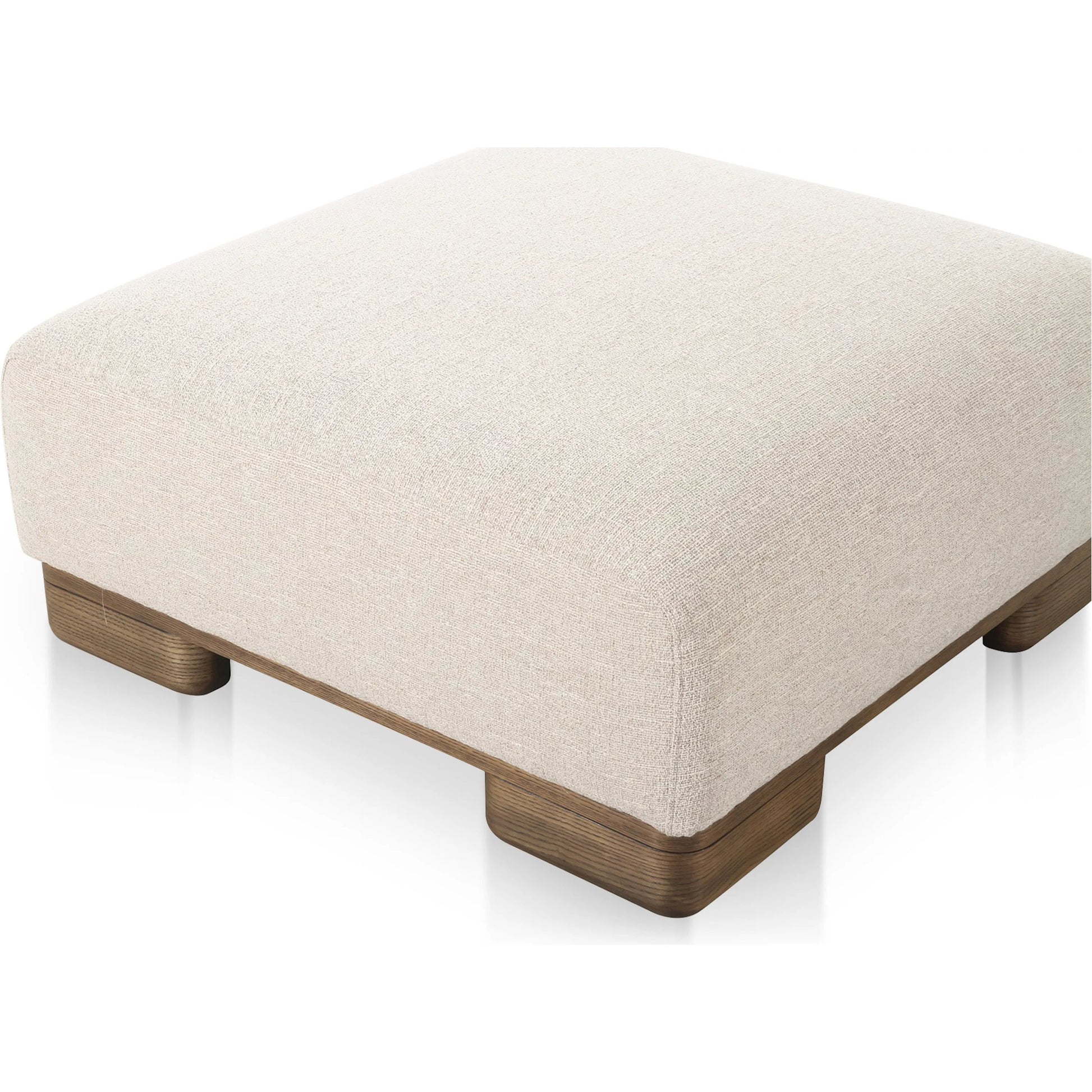 June Ottoman by Moe's Home Collection in oatmeal. Made from upholstery: 72% polyester, 28% acrylic, oak veneer base, foam, feather, fiber fill, solid wood, plywood frame in a transitional style.