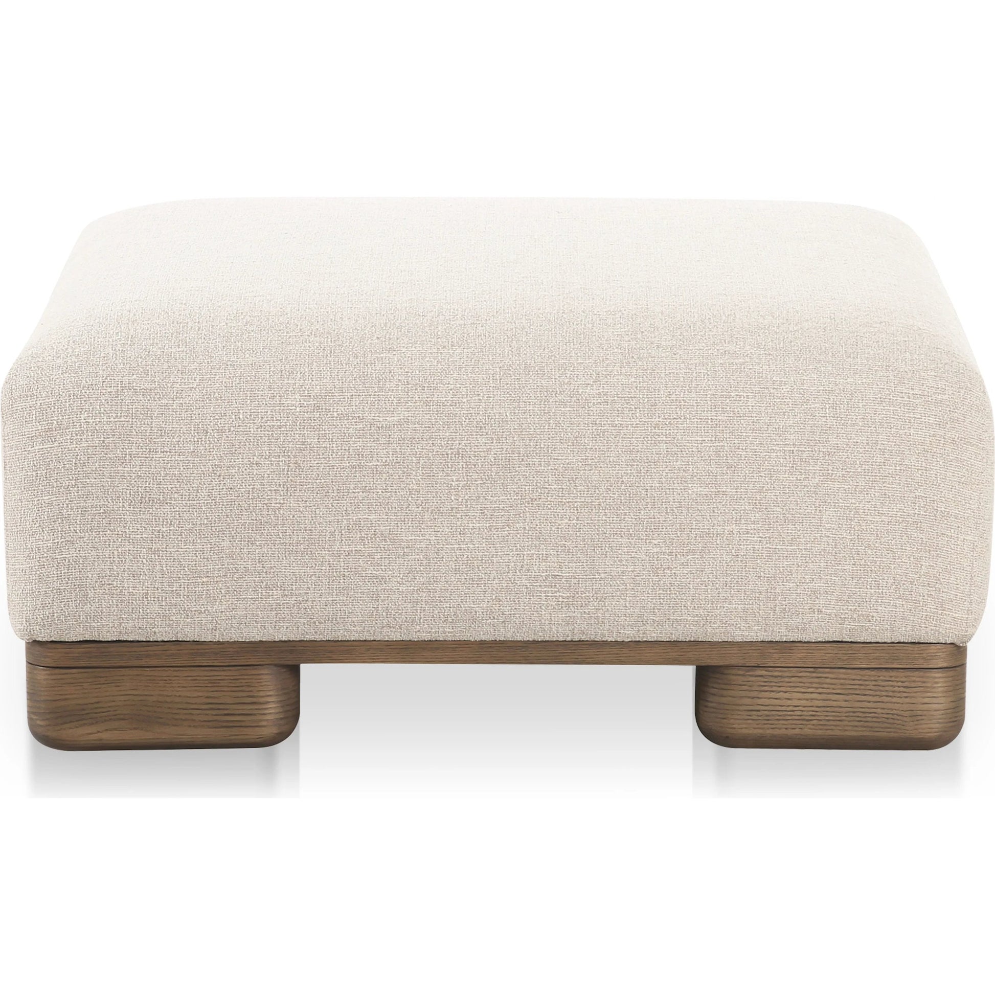 June Ottoman by Moe's Home Collection in oatmeal. Made from upholstery: 72% polyester, 28% acrylic, oak veneer base, foam, feather, fiber fill, solid wood, plywood frame in a transitional style.