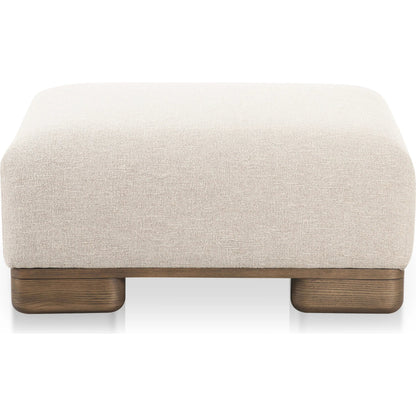 June Ottoman by Moe's Home Collection in oatmeal. Made from upholstery: 72% polyester, 28% acrylic, oak veneer base, foam, feather, fiber fill, solid wood, plywood frame in a transitional style.