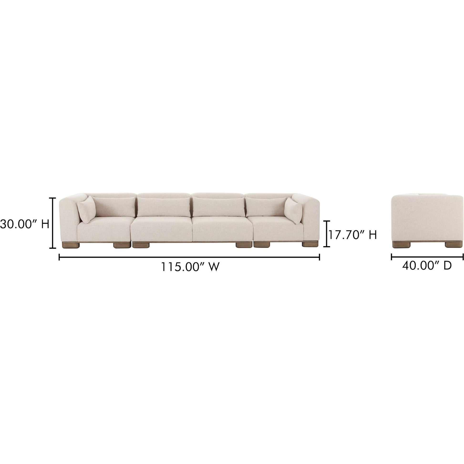 June Modular Sofa by Moe's Home Collection in oatmeal. Made from upholstery: 72% polyester, 28% acrylic, oak veneer base, foam, feather, fiber fill, solid wood, plywood frame in a transitional style.