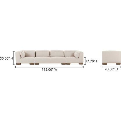 June Modular Sofa by Moe's Home Collection in oatmeal. Made from upholstery: 72% polyester, 28% acrylic, oak veneer base, foam, feather, fiber fill, solid wood, plywood frame in a transitional style.