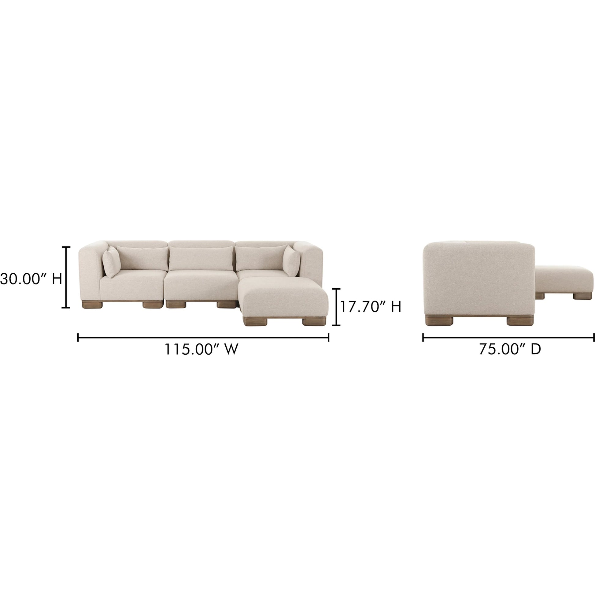 June Lounge Modular Sectional by Moe's Home Collection in oatmeal. Made from upholstery: 72% polyester, 28% acrylic, oak veneer base, foam, feather, fiber fill, solid wood, plywood frame in a transitional style.
