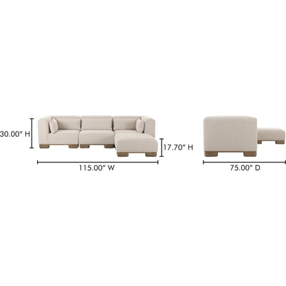 June Lounge Modular Sectional by Moe's Home Collection in oatmeal. Made from upholstery: 72% polyester, 28% acrylic, oak veneer base, foam, feather, fiber fill, solid wood, plywood frame in a transitional style.