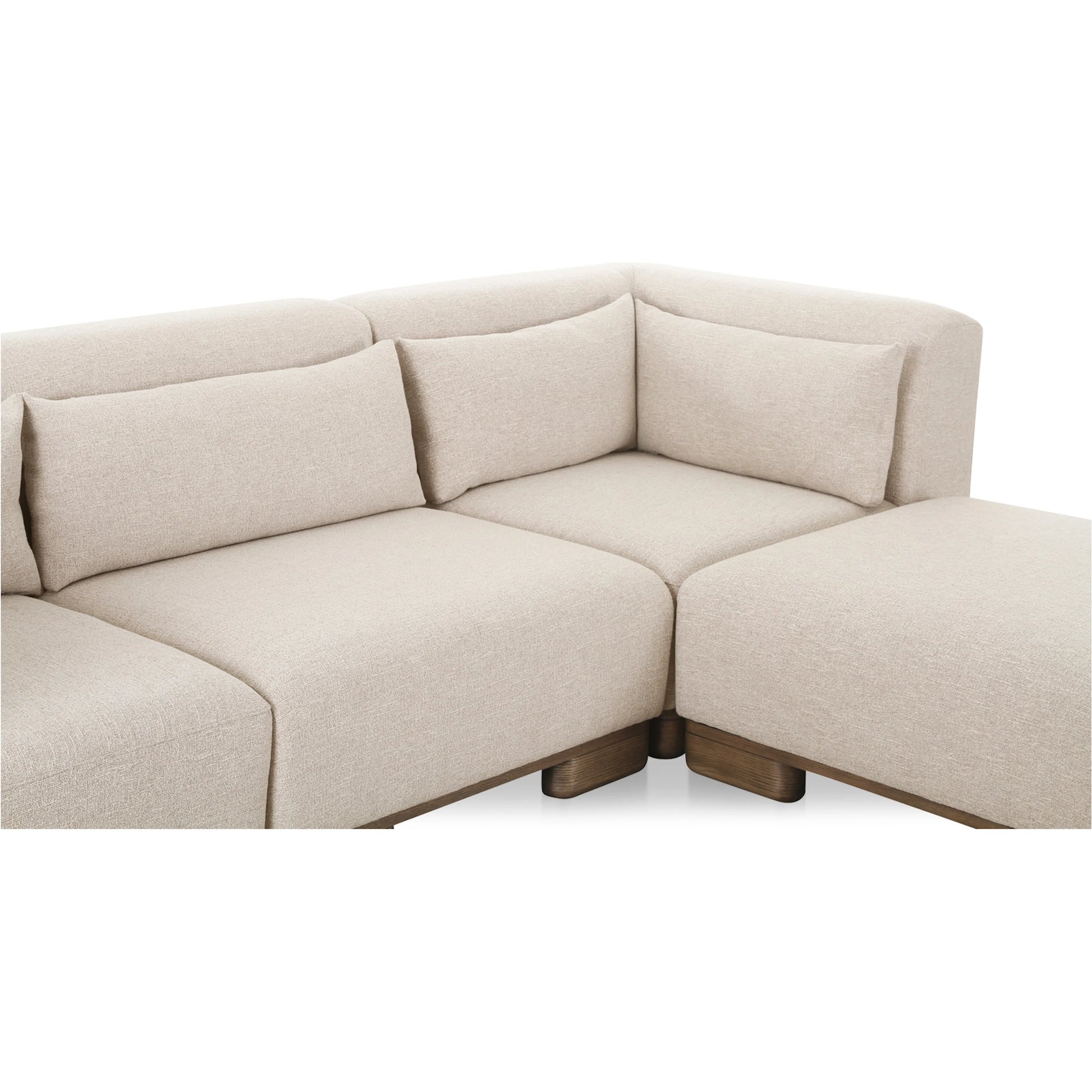 June Lounge Modular Sectional by Moe's Home Collection in oatmeal. Made from upholstery: 72% polyester, 28% acrylic, oak veneer base, foam, feather, fiber fill, solid wood, plywood frame in a transitional style.