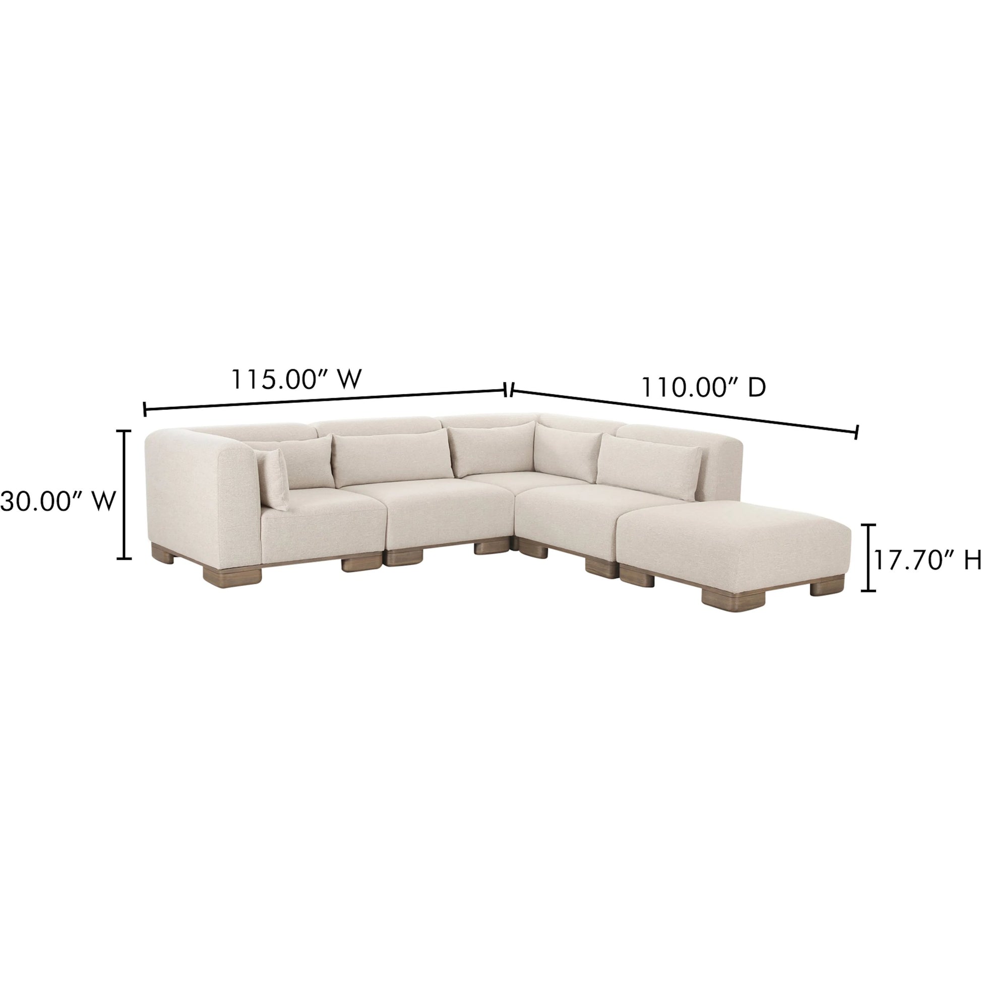 June Dream Modular Sectional by Moe's Home Collection in oatmeal. Made from upholstery: 72% polyester, 28% acrylic, oak veneer base, foam, feather, fiber fill, solid wood, plywood frame in a transitional style.
