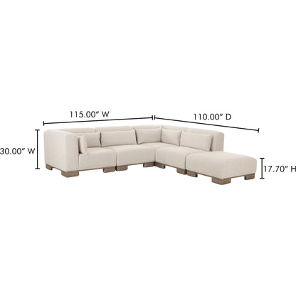 June Dream Modular Sectional by Moe's Home Collection in oatmeal. Made from upholstery: 72% polyester, 28% acrylic, oak veneer base, foam, feather, fiber fill, solid wood, plywood frame in a transitional style.