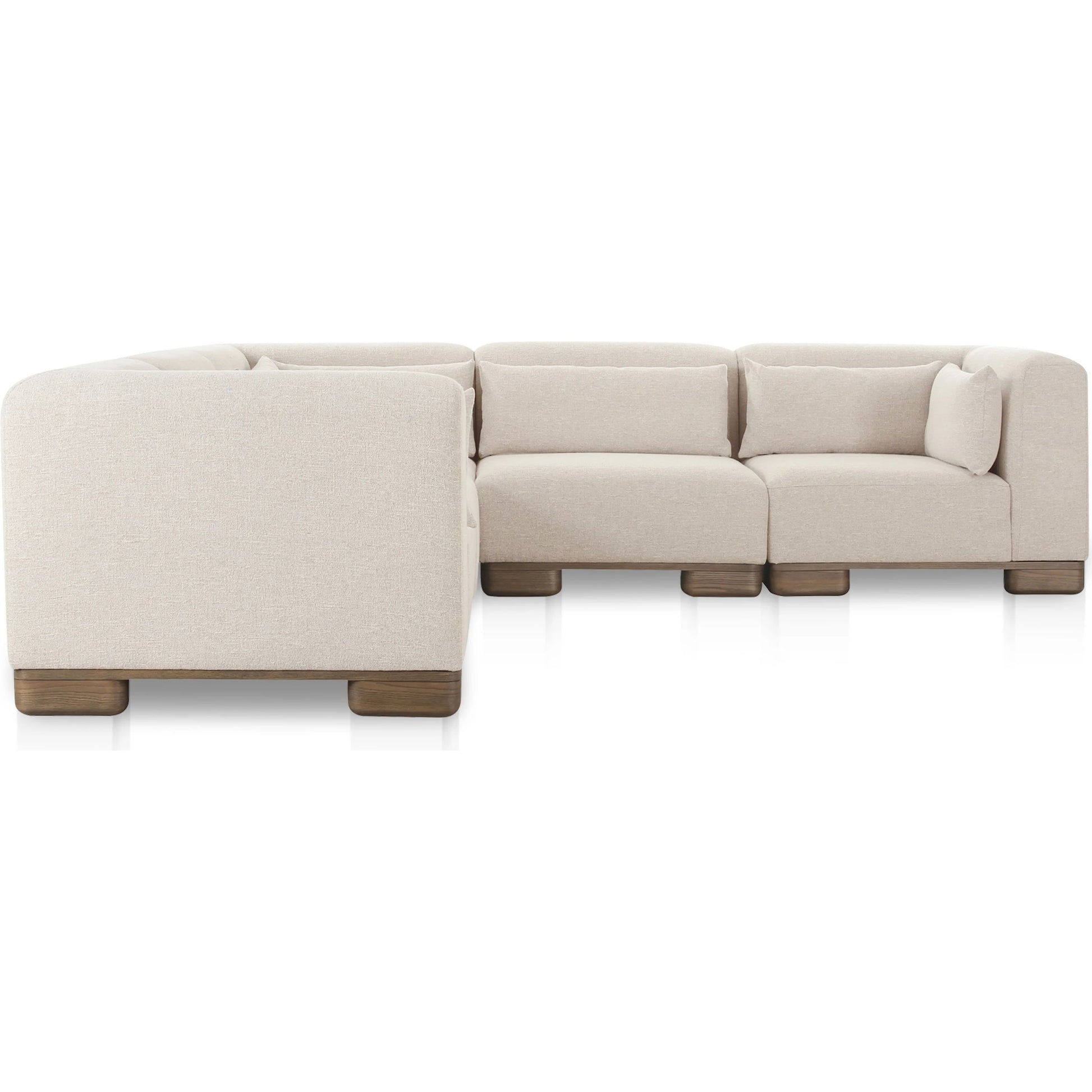 June Classic L Shaped Modular Sectional by Moe's Home Collection in oatmeal. Made from upholstery: 72% polyester, 28% acrylic, oak veneer base, foam, feather, fiber fill, solid wood, plywood frame in a transitional style.